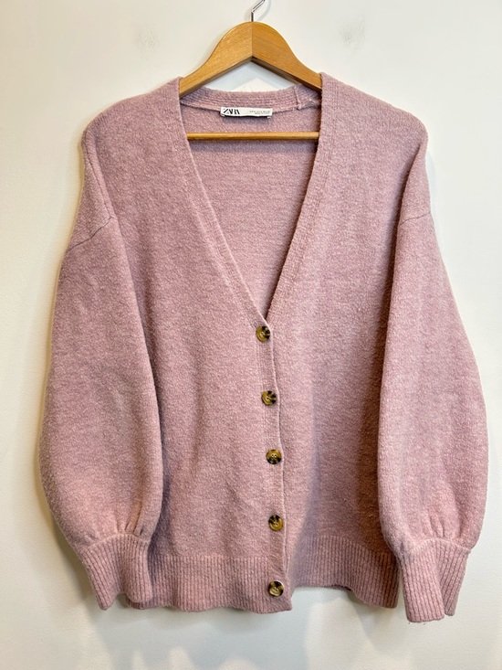 Zara Oversized Balloon Sleeve Button Up Cardigan Sweater Pink - Picture 5 of 10